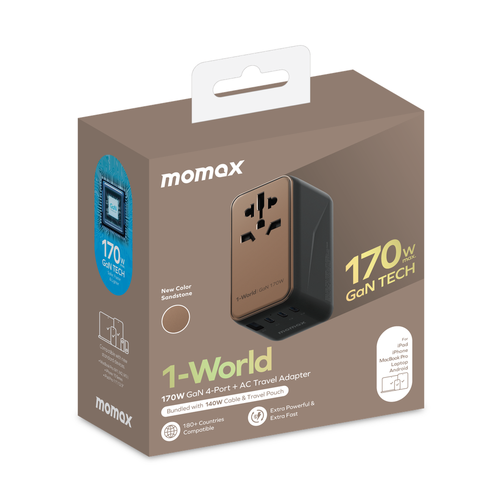 محول سفر Momax 1-World GaN بقدرة 170 واط | 4 منافذ + AC | تيتانيوم صحراوي محول سفر Momax 1-World GaN بقدرة 170 واط | 4 منافذ + AC | تيتانيوم صحراوي